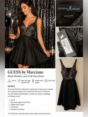 GUESS by Marciano Black Metallic Lace Fit & Flare Dress NWT Size 8